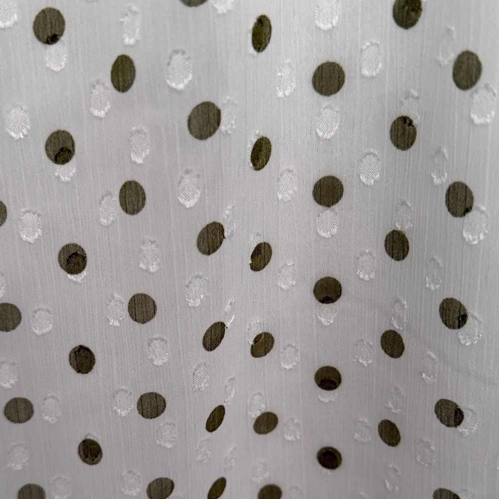 Tamara H Tie-Neck White and Olive Polka Dot Ruffle Sleeveless Blouse. Size Large - Picture 3 of 5